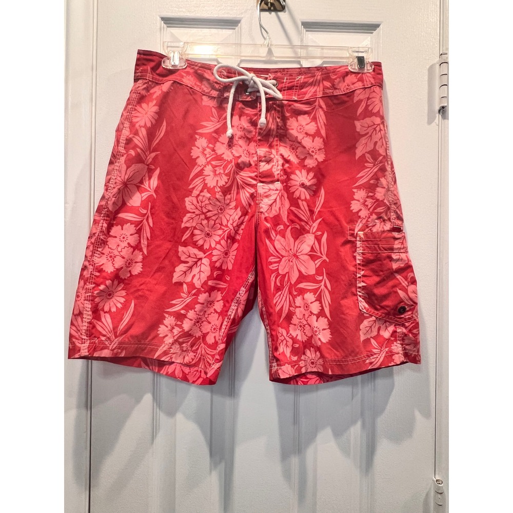 J. Crew Mens Red Floral Hibiscus Board Shorts Swim Trunks Size 32 Cargo Pocket